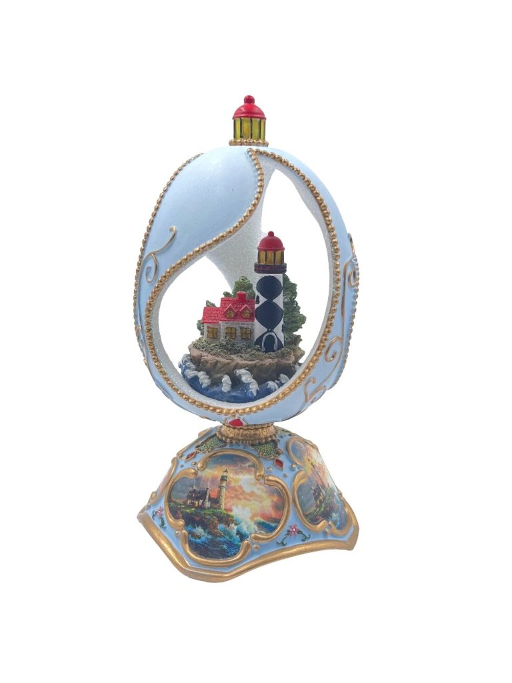 Thomas Kinkade "Rocky Shores" Lighthouse Carved Egg Figurine Music Box